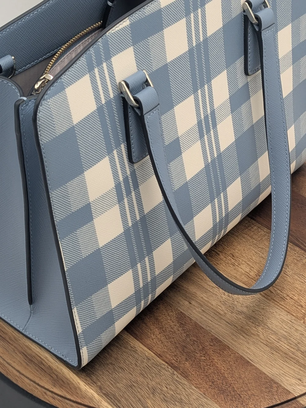 Kate Spade New York Blue Plaid Saffiano Leather Satchel Crossbody Bag